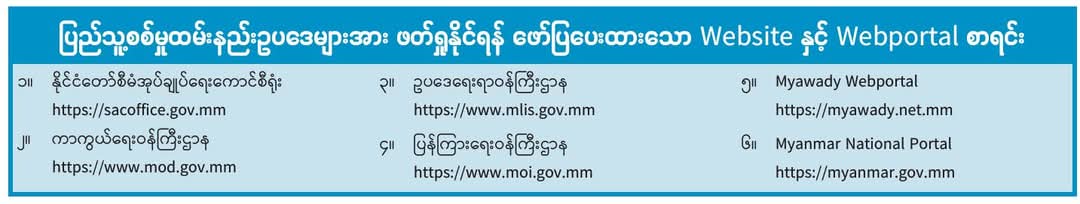 ပြည်သူ့စစ်မှုထမ်း နည်းဥပဒေများအား ဖတ်ရှုနိုင်ရန် ဖော်ပြပေးထားသော Website နှင့် Webportal စာရင်း 