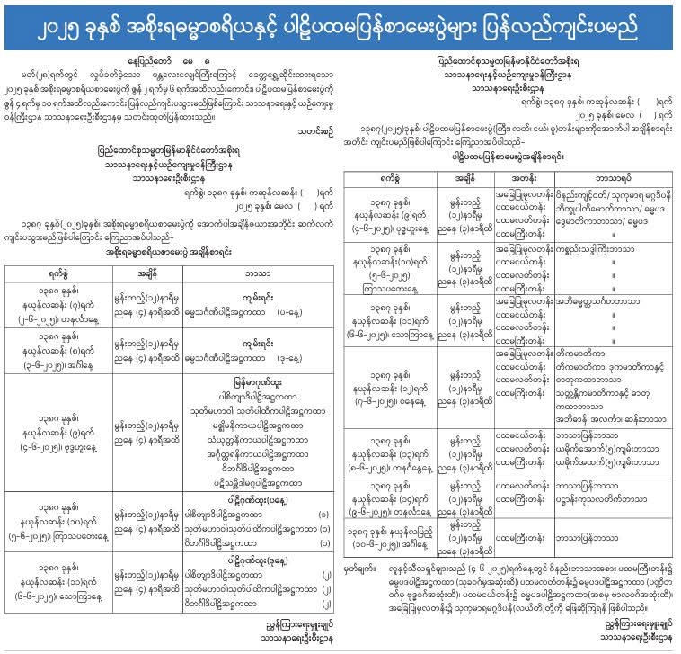 ၂၀၂၅ ခုနှစ် အစိုးရဓမ္မာစရိယနှင့် ပါဠိပထမပြန်စာမေးပွဲများ ပြန်လည်ကျင်းပမည်